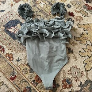 Free People Seafoam Green Frilly Bodysuit Blouse sz S